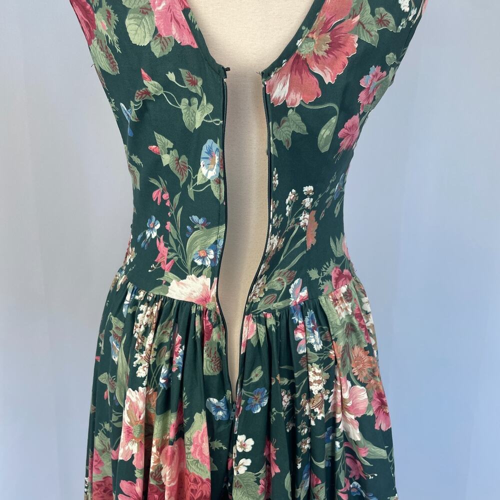 Vintage Midi Dress Size 10 Green Pink Floral Botanical Garden Spring Romantic - Picture 10 of 16